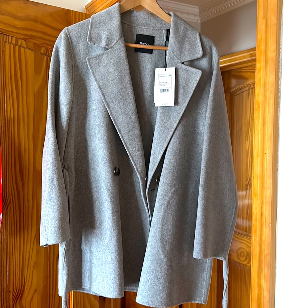 Theory Light Gray Wool Blend Double-Breasted Coat